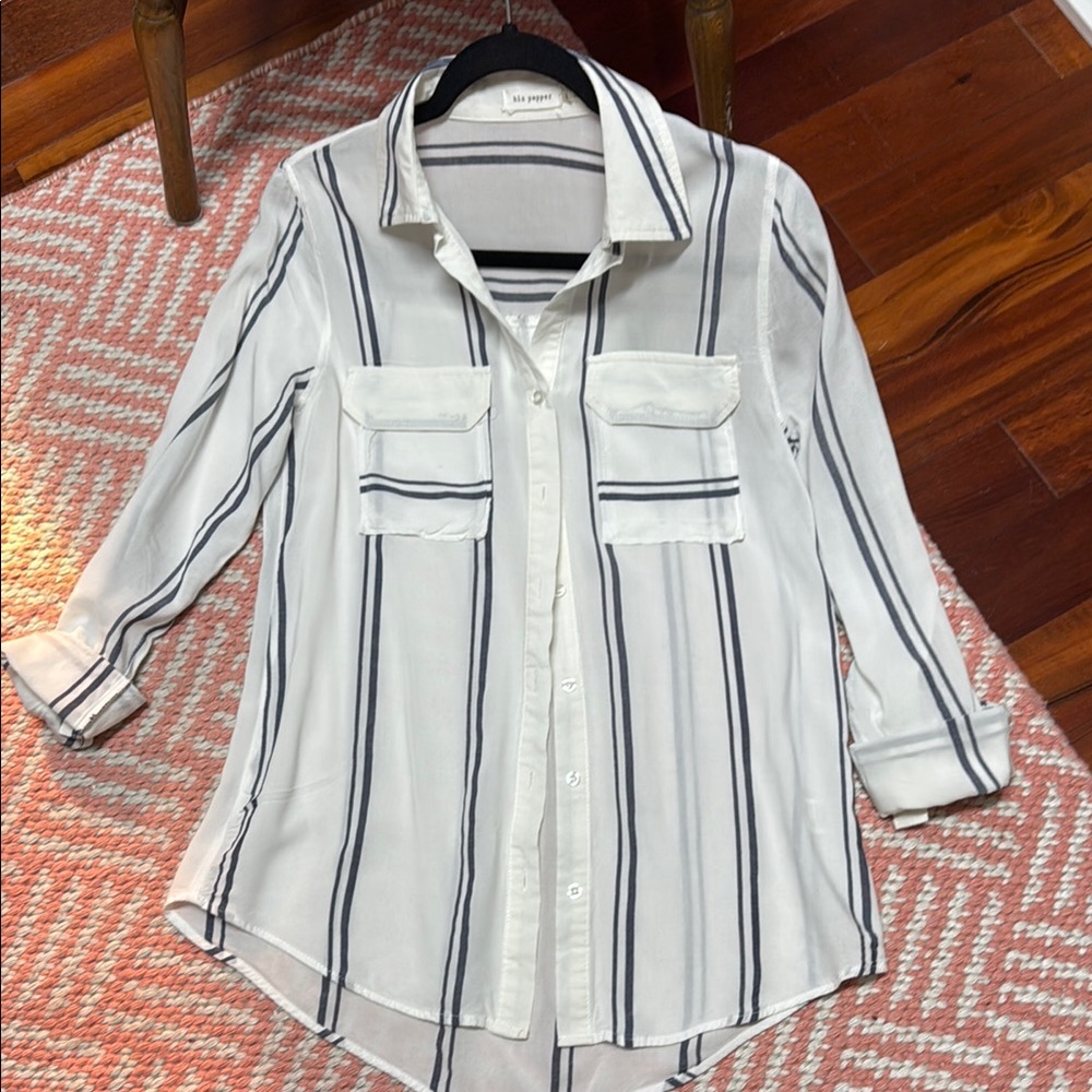 White and Black Striped Button-Up Shirt
